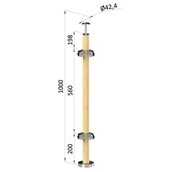 Dřevěný sloup, vrchní kotvení, výplň: sklo, rohový: 90°, vrch pevný (ø 42mm), materiál: buk, broušený povrch s nátěrem BORI (bezbarvý)