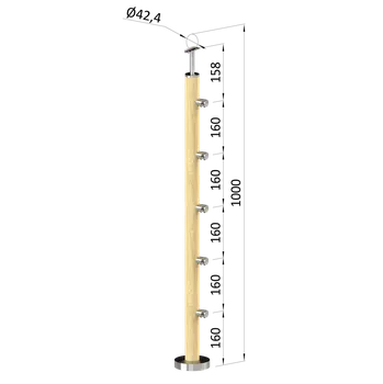 Zábradlí Dřevěný sloup, vrchní kotvení, 5 řadový, průchozí, vrch pevný (ø42 mm), materiál: buk, broušený povrch s nátěrem BORI (bezbarvý)