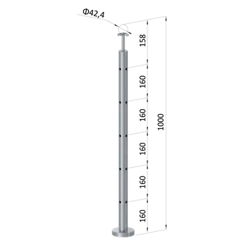Nerezový sloup, vrchní kotvení, 5 děrový rohový: 90°, vrch pevný (ø 42,4x2 mm), leštěná nerez / AISI304
