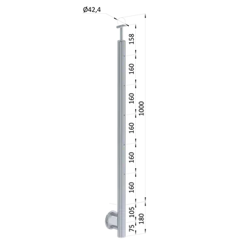 Zábradlí Nerezový sloup, boční kotvení, bez výplně, 5 řadový se závitem M6, vnější, vrch pevný, (ø 42.4x2mm), broušená nerez K320 /AISI304