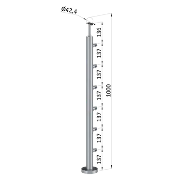 Zábradlí Nerezový sloup, vrchní kotvení, 6 řadový průchodný, vrch pevný (ø 42,4x2 mm), leštěná nerez / AISI304