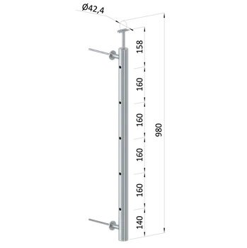 Zábradlí Nerezový sloup na francouzsky balkón, boční kotvení, 5 dírový, průchozí, vrch pevný, (ø 42.4x2 mm), broušená nerez K320 /AISI304
