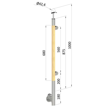 Dřevěný sloup, boční kotvení, výplň: sklo, pravý, vrch pevný (ø42 mm), materiál: buk, broušený povrch s nátěrem BORI (bezbarvý)