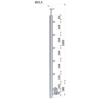 Zábradlí Nerezový sloup, boční kotvení, 5 řadový průchozí, vnitřní, vrch pevný, (ø 42.4x2mm), broušená nerez K320 /AISI304