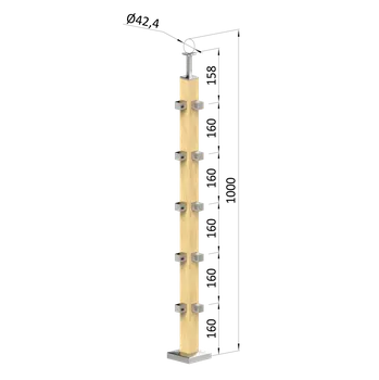 Dřevěný sloup, vrchní kotvení, 5 řadový, rohový: 90°, vrch pevný (40x40 mm), materiál: buk, broušený povrch s nátěrem BORI (bezbarvý)