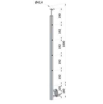 Zábradlí Nerezový sloup, boční kotvení, 4 děrový koncový, pravý, vrch pevný (ø42,4x2 mm), broušená nerez K320 / AISI304