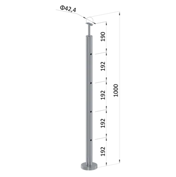 Nerezový sloup, vrchní kotvení, 4 děrový průchodný, vrch pevný (ø42,4x2 mm), broušená nerez K320 / AISI304