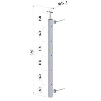 Nerezový sloup na francouzský balkón, boční kotvení, 5 dírový, pravý, vrch pevný, (40x40x2.0 mm), broušená nerez K320 /AISI304