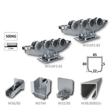 Samonosný systém 80x85x5 mm pro posuvné brány do 500 kg / 7,5 m průjezd (W39/8085Zn 6 m pozinkovaný profil, 2x W310F2.85, 1x W36/85, 1x W37M, 1x W32/85)
