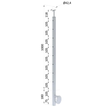 Nerezový sloup, boční kotvení, 8 děrový koncový na lanko, vrch pevný (ø 42.4x2mm), broušená nerez K320 /AISI304