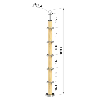 Dřevěný sloup, vrchní kotvení, 5 řadový, rohový: 90°, vrch pevný (ø 42mm), materiál: buk, broušený povrch s nátěrem BORI (bezbarvý)