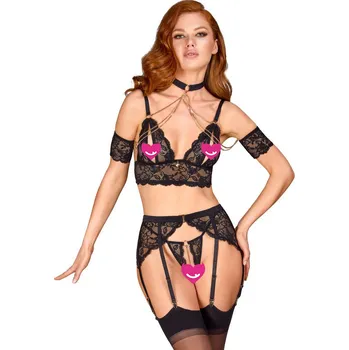 Dámská erotická souprava Abierta Fina Delicate Lace Top Suspender Set with Chains & Choker 2251507 Black Velikost M