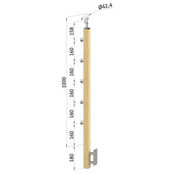 Dřevěný sloup, boční kotvení, 5 řadový, průchozí, vnější, vrch nastavitelný (40x40mm), materiál: buk, broušený povrch bez nátěru