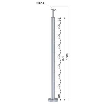 Zábradlí Nerezový sloup, vrchní kotvení, 8 děrový na lanko, průchozí, vrch pevný (ø 42.4x2mm), broušená nerez K320 /AISI304