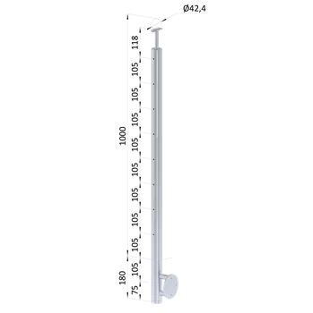 Nerezový sloup, boční kotvení, 8 děrový průchozí na lanko, vrch pevný (ø 42.4x2mm), broušená nerez K320 /AISI304