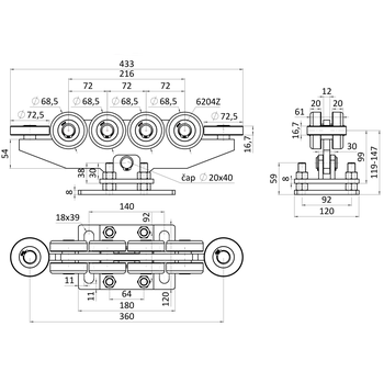 Vozík pro samonosný systém do 470kg, 10 kolečkový, výškově nastavitelný, pro profil 80x85mm