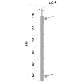 Zábradlí Nerezový sloup na francouzsky balkón, boční kotvení, 5 dírový, pravý, vrch pevný, (ø 42.4x2 mm), broušená nerez K320 /AISI304