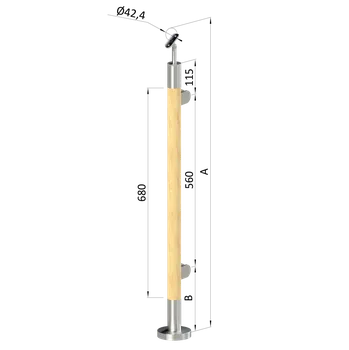 Zábradlí Dřevěný sloup, vrchní kotvení, výplň: sklo, pravý, vrch nastavitelný (ø42 mm), materiál: buk, broušený povrch bez nátěru