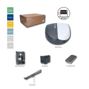 Pohon brány SPIN23BDKCE sada pro sekční vrata do 10,5m2, zdvih do 235cm, 1x Pohon SPIN23 (24V, 250W, 650N), 1x SNA20R10 s přijímačem, 1x MYGO4, 1x SNA30 1x OXIBD