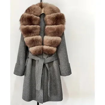 Dámský kabát Elegantní vlněný kabát s páskem a límcem z pravé kožešiny Velikost: M, Barva (Varianta): Gray zidiao