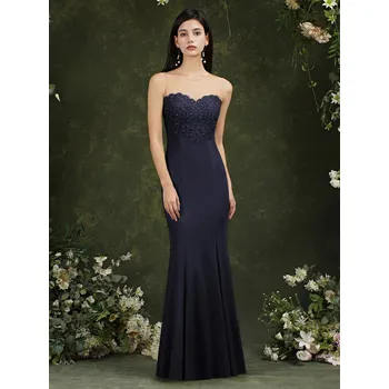 Dámské šaty Dlouhé saténové šaty v mořském střihu s korálky pro družičky a večerní události Barva: Tmavě Modrá, Velikost: M