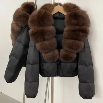 Dámská parka Krátká péřová bunda s kožešinovým límcem z mývalovce pro zimní období Velikost: S, Barva (Varianta): Black zidiao