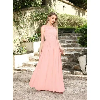 Dámské šaty Dlouhé šifonové šaty s květinovou krajkou a průsvitnými zády pro společenské akce Barva: Tmavě Růžová, Velikost: 2XL