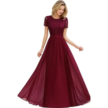 Dámské šaty Dlouhé krajkové šaty s páskem a kulatým výstřihem pro svatební oslavy Barva: Bordová, Velikost: 3XL