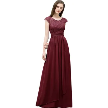 Dámské šaty Dlouhé šifonové šaty s krajkovým živůtkem a krátkým rukávkem Barva: Bordová, Velikost: 3XL