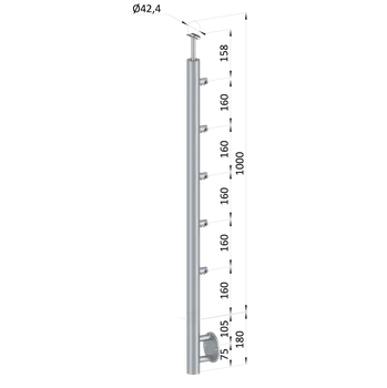 Zábradlí Nerezový sloup, boční kotvení, 5 řadový průchodný, vnitřní, vrch pevný (ø 42,4x2 mm), broušená nerez K320 / AISI316