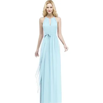 Dámské šaty Dlouhé šifonové šaty s halter výstřihem a páskem pro slavnostní hosty Barva: Nebeská, Velikost: XS