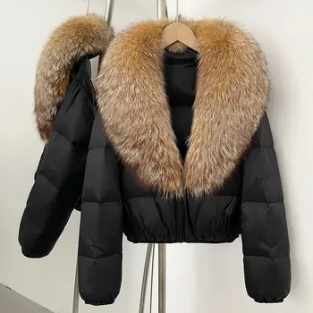 Dámská parka Krátká péřová bunda s kožešinovým límcem z mývalovce pro zimní období Velikost: M, Barva (Varianta): Černo-zlatá