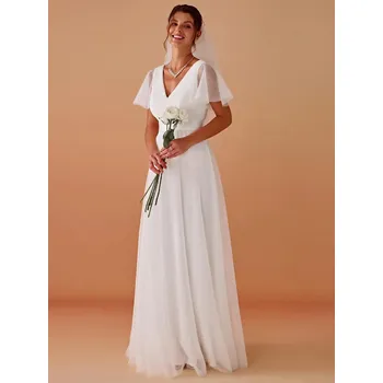 Dámské šaty Dlouhé svatební šaty s krátkým rukávem a průsvitnými detaily Barva: Smetanová, Velikost: XS