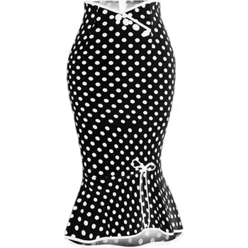 Dámská sukně Dlouhá sukně s puntíky a mašlí v retro trumpetovém střihu Barva: Černá, Velikost: XL