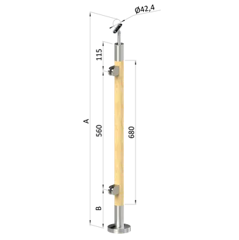 Zábradlí Dřevěný sloup, vrchní kotvení, výplň: sklo, levý, vrch nastavitelný (ø 42mm), materiál: buk, broušený povrch bez nátěru