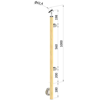 Dřevěný sloup, boční kotvení, výplň: sklo, pravý, vrch nastavitelný (ø 42mm), materiál: buk, broušený povrch s nátěrem BORI (bezbarvý)