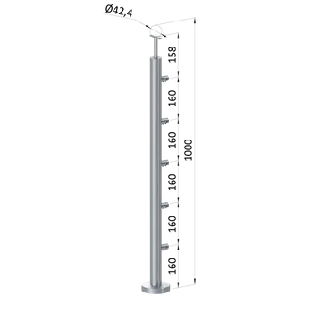 Zábradlí Nerezový sloup, vrchní kotvení, 5 řadový průchodný, vrch pevný (ø42,4x2 mm), broušená nerez K320 / AISI316