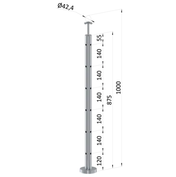 Nerezový sloup, vrchní kotvení, 6 děrový, rohový: 90°, vrch pevný (ø 42.4x2mm), broušená nerez K320 /AISI304
