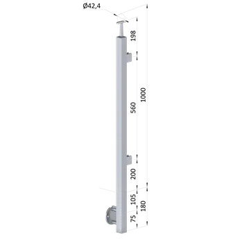 Zábradlí Nerezový sloup, boční kotvení, výplň: sklo, pravý, vrch pevný, (40x40 mm), broušená nerez K320 / AISI304