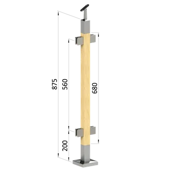 Zábradlí Dřevěný sloup, vrchní kotvení, výplň: sklo, průchozí, vrch nastavitelný (40x40mm), materiál: buk, broušený povrch bez nátěru