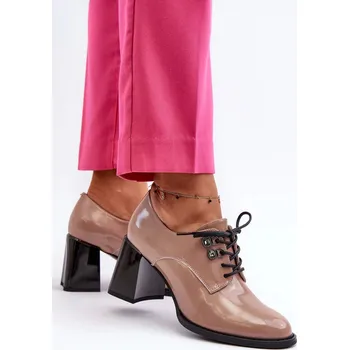 Dámská zimní obuv Béžové dámské patentované boty na vysokém podpatku Nelione 39