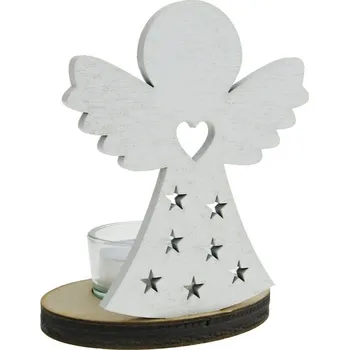 Vánoční svícen Dřevěný svícen andílek bílý s hvězdičkama 10,5 cm (Svícen ze dřeva vánoční andílek)