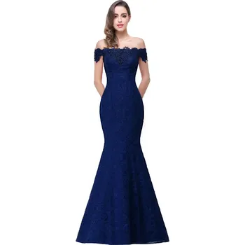 Dámské šaty Dlouhé krajkové šaty s korálky a odhalenými rameny pro ples či svatbu Barva: Tmavě Modrá, Velikost: L