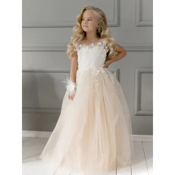Dívčí šaty Dívčí tylové šaty s krajkou pro slavnostní a svatební příležitosti Barva: Šampaňská, Velikost: 7