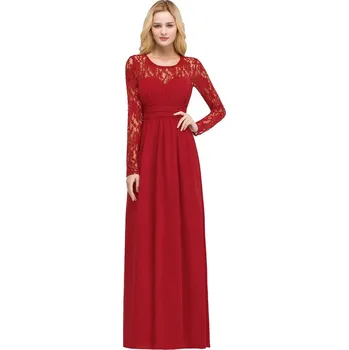 Dámské šaty Dlouhé šifonové šaty s krajkou a plisováním pro družičky Barva: Červená, Velikost: M