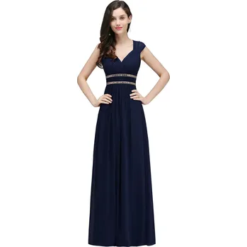 Dámské šaty Dlouhé šifonové šaty s krystaly a výstřihem do V pro slavnostní hosty Barva: Tmavě Modrá, Velikost: XL