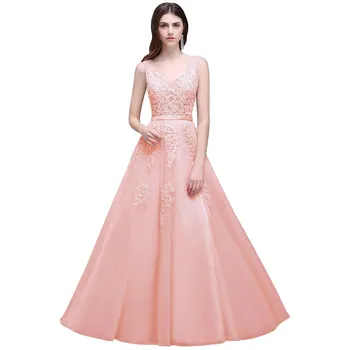 Dámské šaty Dlouhé tylové šaty s krajkovými aplikacemi a výstřihem do V pro slavnostní večery Barva: Pudrová, Velikost: L