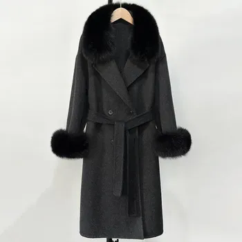 Dámský kabát Elegantní vlněný kabát s límcem z pravé lišky – podzimní/zimní Velikost: M, Barva (Varianta): Černá