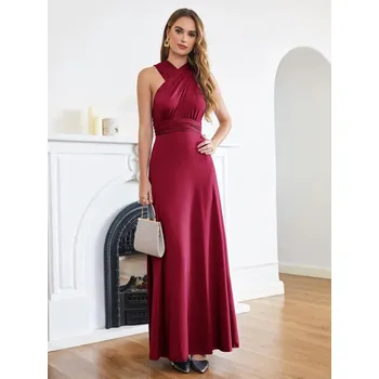 Dámské šaty Dlouhé víceúčelové šaty s nastavitelným zavazováním pro ples i svatbu Barva: Bordová, Velikost: M