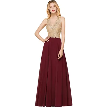 Dámské šaty Dlouhé šifonové šaty se zlatou krajkou a výstřihem do V pro večer Barva: Bordová, Velikost: L